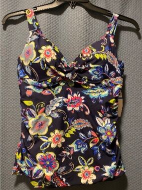 Anne Cole Navy Floral Twist-Front One-Piece Swim Tank NWT